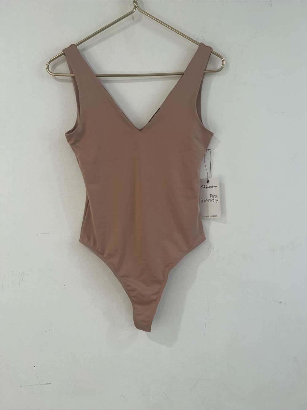 Shinestar V-Neck One-Piece Bodysuit tan beige M
